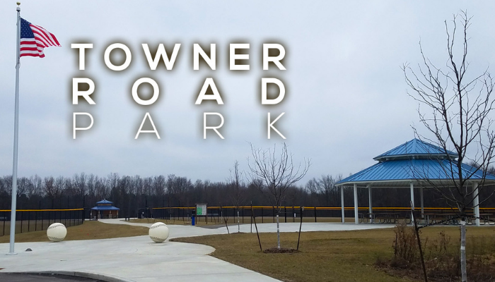 Pavilion and baseball fields with text "Towner Road Park"